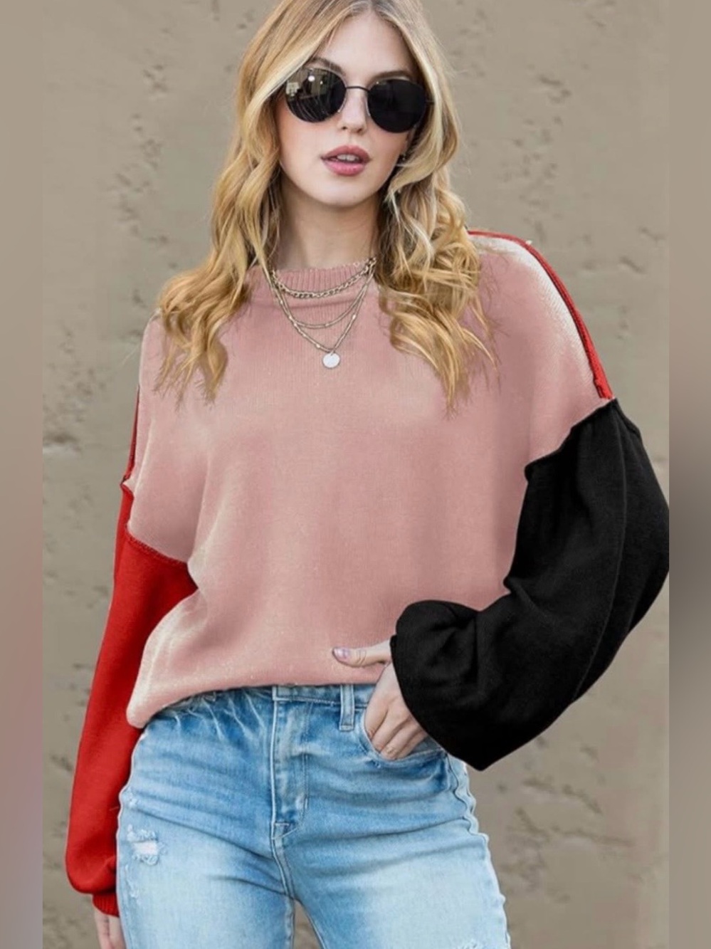 Dokotoo Colorblock Crewneck Sweater Womens Medium Pink Red Black Bishop Sleeve